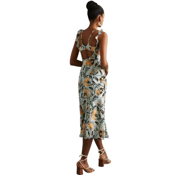 By Anthropologie Halter/Bra Slim Midi Dress Sz 8 Mint Green Floral Peekaboo Side - Picture 3 of 14